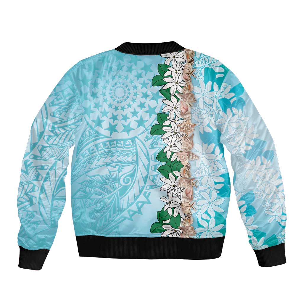 Cook Islands Tiare Maori With Conch Shell Bomber Jacket Pasifika Fest Polynesian Tattoo Turquoise