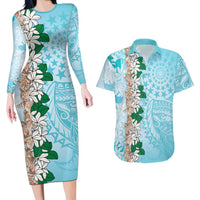 Cook Islands Tiare Maori With Conch Shell Couples Matching Long Sleeve Bodycon Dress and Hawaiian Shirt Pasifika Fest Polynesian Tattoo Turquoise