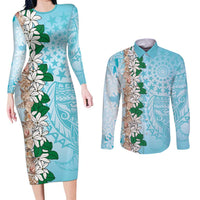 Cook Islands Tiare Maori With Conch Shell Couples Matching Long Sleeve Bodycon Dress and Long Sleeve Button Shirt Pasifika Fest Polynesian Tattoo Turquoise