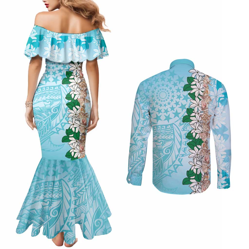 Cook Islands Tiare Maori With Conch Shell Couples Matching Mermaid Dress and Long Sleeve Button Shirt Pasifika Fest Polynesian Tattoo Turquoise