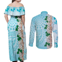 Cook Islands Tiare Maori With Conch Shell Couples Matching Off Shoulder Maxi Dress and Long Sleeve Button Shirt Pasifika Fest Polynesian Tattoo Turquoise