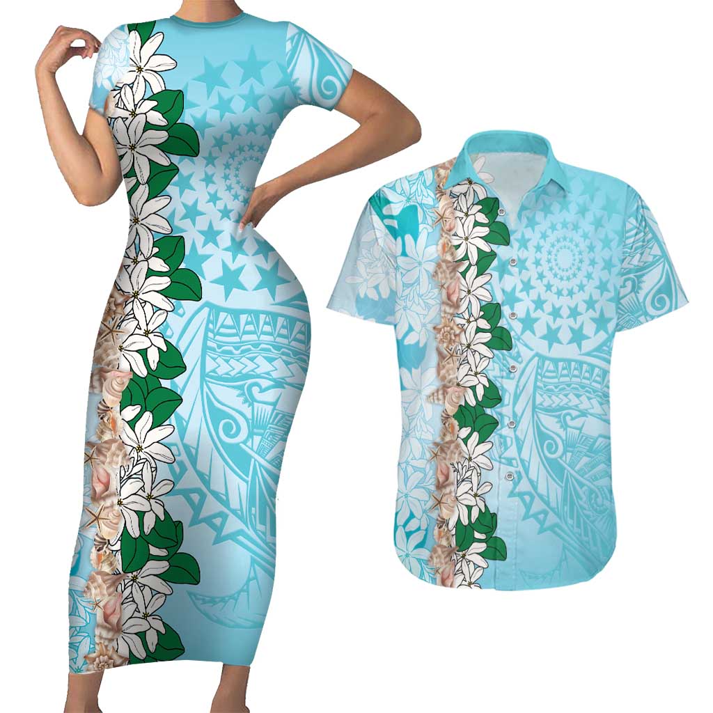 Cook Islands Tiare Maori With Conch Shell Couples Matching Short Sleeve Bodycon Dress and Hawaiian Shirt Pasifika Fest Polynesian Tattoo Turquoise
