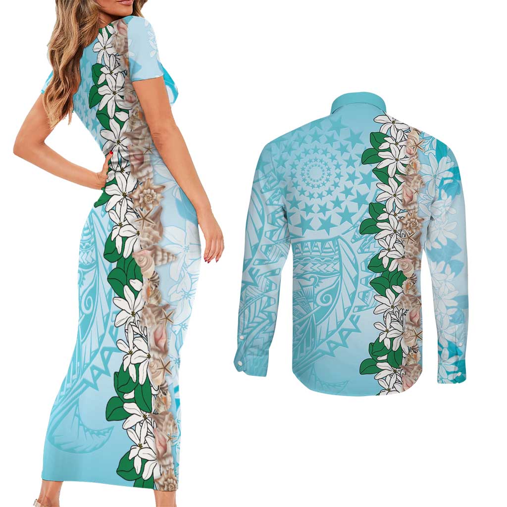 Cook Islands Tiare Maori With Conch Shell Couples Matching Short Sleeve Bodycon Dress and Long Sleeve Button Shirt Pasifika Fest Polynesian Tattoo Turquoise