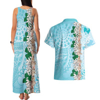 Cook Islands Tiare Maori With Conch Shell Couples Matching Tank Maxi Dress and Hawaiian Shirt Pasifika Fest Polynesian Tattoo Turquoise