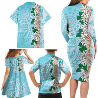 Cook Islands Tiare Maori With Conch Shell Family Matching Long Sleeve Bodycon Dress and Hawaiian Shirt Pasifika Fest Polynesian Tattoo Turquoise