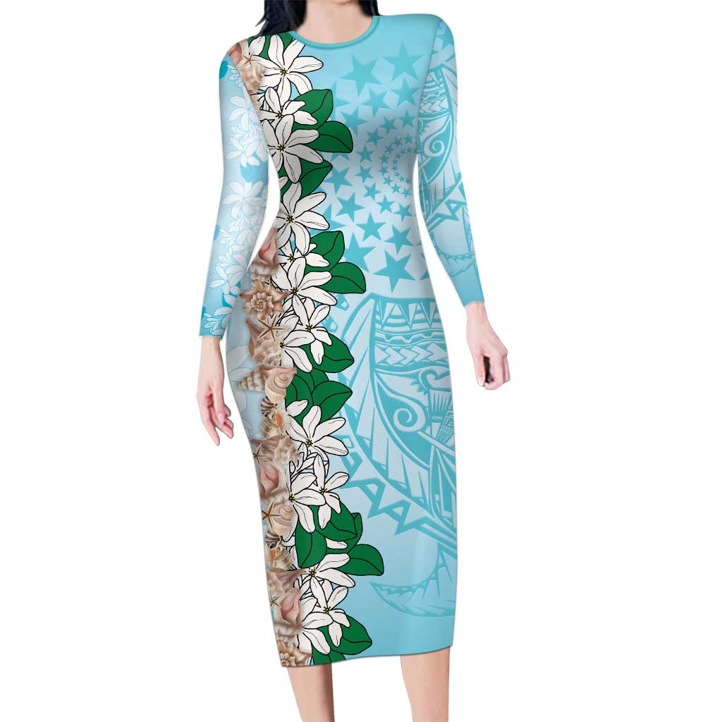 Cook Islands Tiare Maori With Conch Shell Family Matching Long Sleeve Bodycon Dress and Hawaiian Shirt Pasifika Fest Polynesian Tattoo Turquoise
