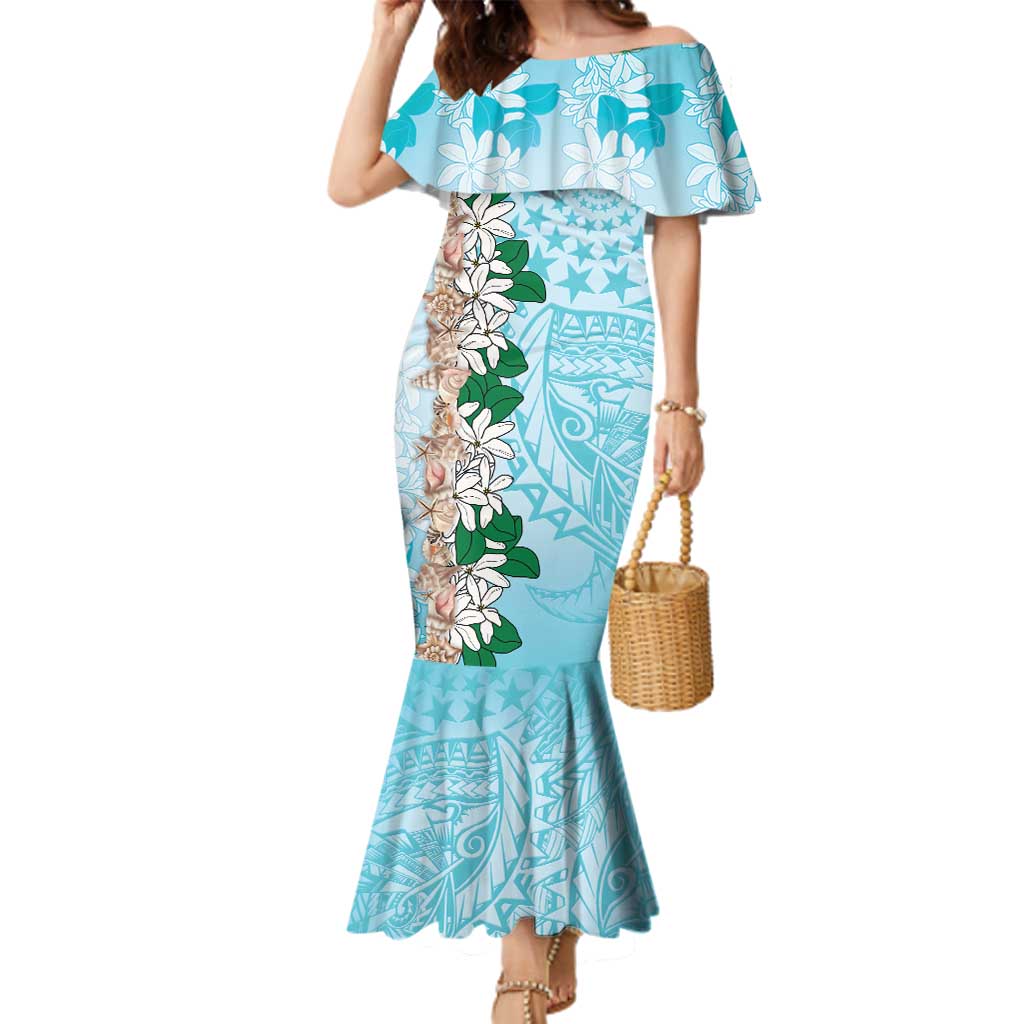 Cook Islands Tiare Maori With Conch Shell Family Matching Mermaid Dress and Hawaiian Shirt Pasifika Fest Polynesian Tattoo Turquoise