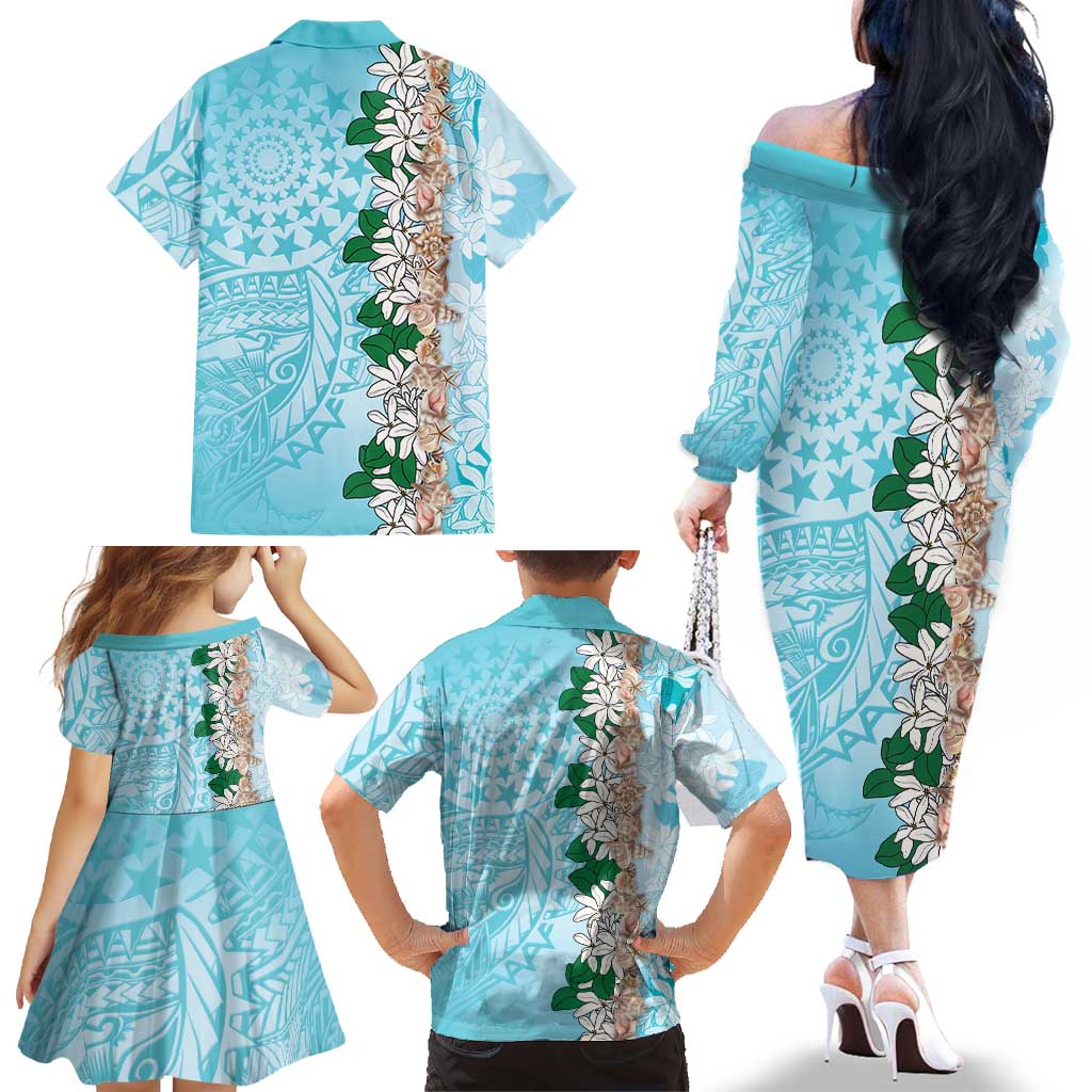 Cook Islands Tiare Maori With Conch Shell Family Matching Off The Shoulder Long Sleeve Dress and Hawaiian Shirt Pasifika Fest Polynesian Tattoo Turquoise