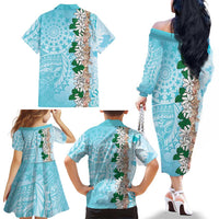 Cook Islands Tiare Maori With Conch Shell Family Matching Off The Shoulder Long Sleeve Dress and Hawaiian Shirt Pasifika Fest Polynesian Tattoo Turquoise