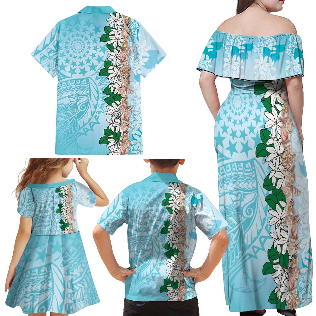 Cook Islands Tiare Maori With Conch Shell Family Matching Off Shoulder Maxi Dress and Hawaiian Shirt Pasifika Fest Polynesian Tattoo Turquoise