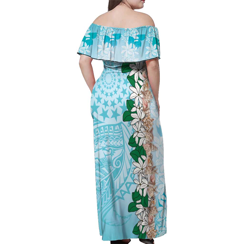 Cook Islands Tiare Maori With Conch Shell Family Matching Off Shoulder Maxi Dress and Hawaiian Shirt Pasifika Fest Polynesian Tattoo Turquoise