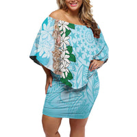 Cook Islands Tiare Maori With Conch Shell Family Matching Off Shoulder Short Dress and Hawaiian Shirt Pasifika Fest Polynesian Tattoo Turquoise