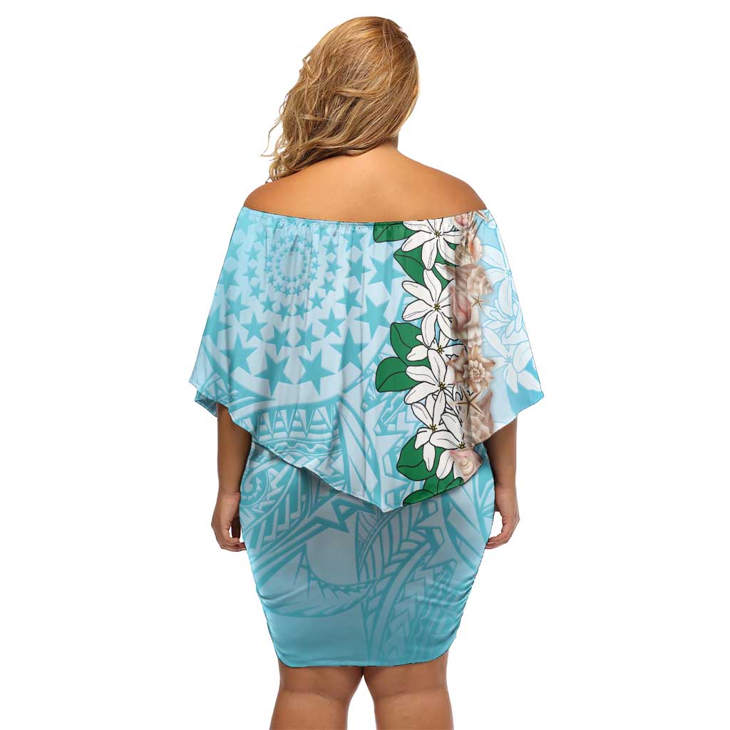 Cook Islands Tiare Maori With Conch Shell Family Matching Off Shoulder Short Dress and Hawaiian Shirt Pasifika Fest Polynesian Tattoo Turquoise