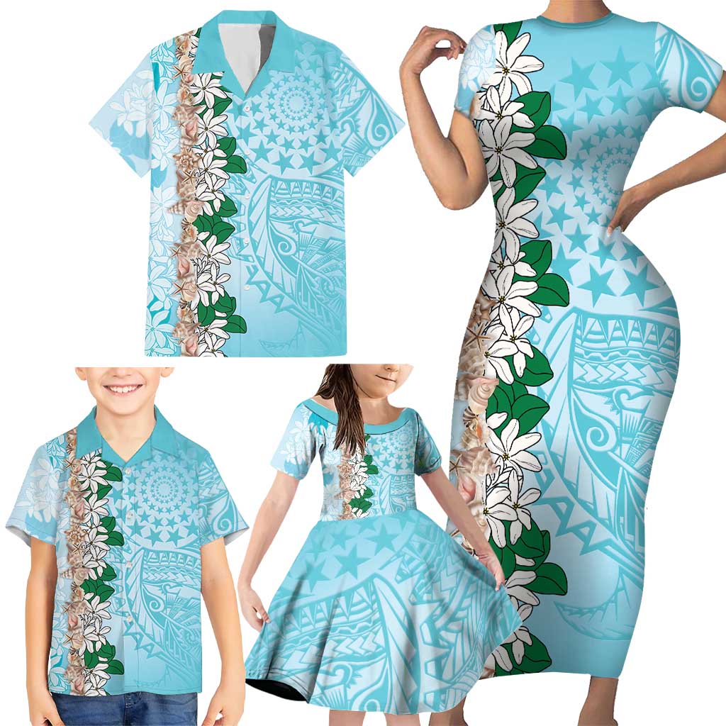 Cook Islands Tiare Maori With Conch Shell Family Matching Short Sleeve Bodycon Dress and Hawaiian Shirt Pasifika Fest Polynesian Tattoo Turquoise