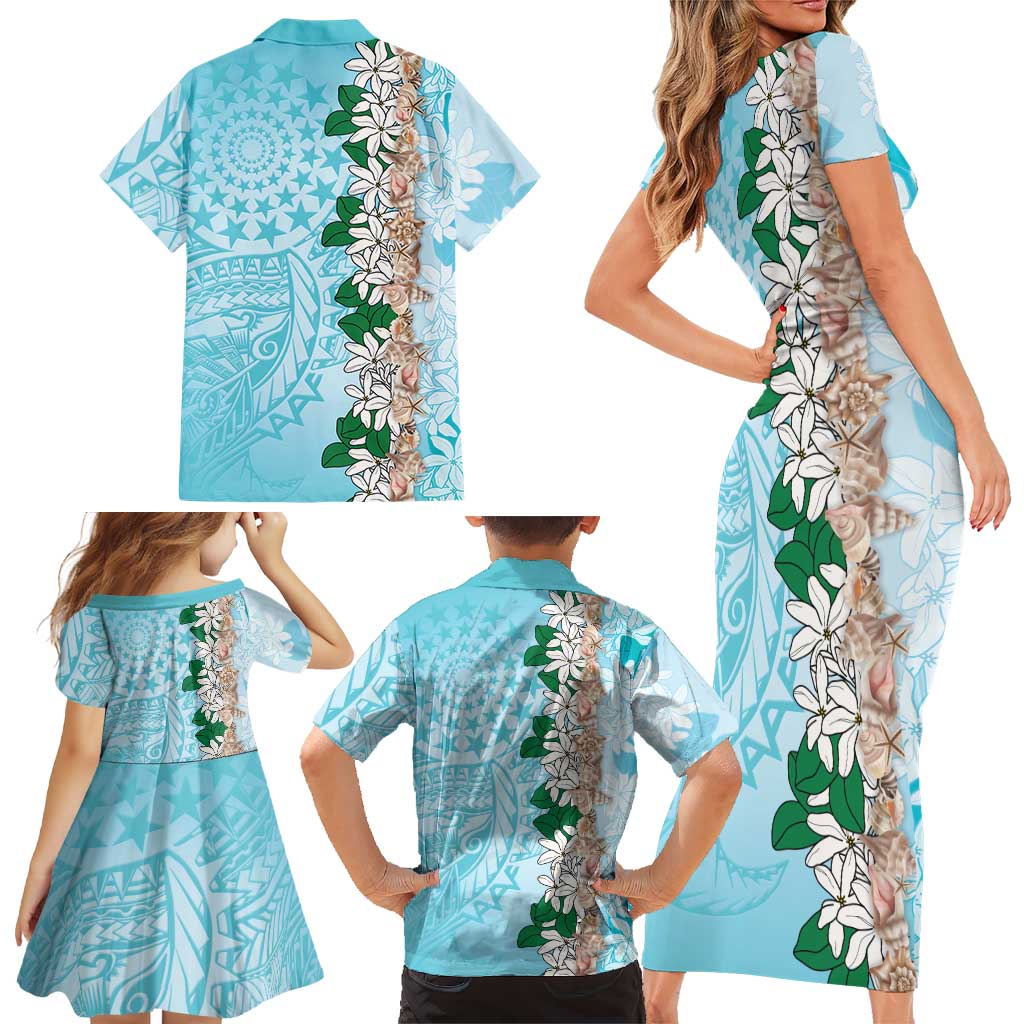 Cook Islands Tiare Maori With Conch Shell Family Matching Short Sleeve Bodycon Dress and Hawaiian Shirt Pasifika Fest Polynesian Tattoo Turquoise