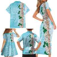 Cook Islands Tiare Maori With Conch Shell Family Matching Short Sleeve Bodycon Dress and Hawaiian Shirt Pasifika Fest Polynesian Tattoo Turquoise