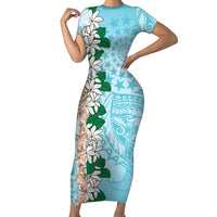 Cook Islands Tiare Maori With Conch Shell Family Matching Short Sleeve Bodycon Dress and Hawaiian Shirt Pasifika Fest Polynesian Tattoo Turquoise