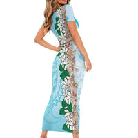 Cook Islands Tiare Maori With Conch Shell Family Matching Short Sleeve Bodycon Dress and Hawaiian Shirt Pasifika Fest Polynesian Tattoo Turquoise