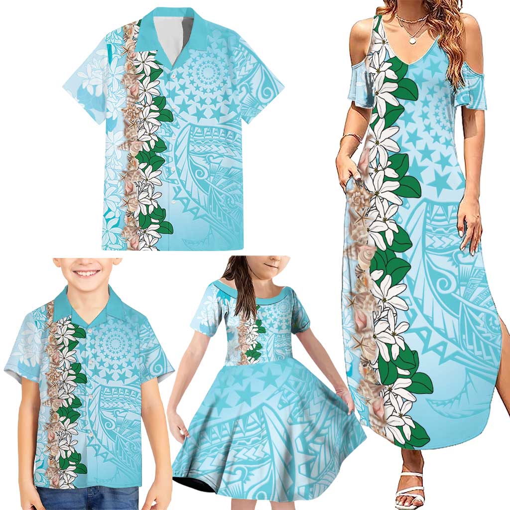 Cook Islands Tiare Maori With Conch Shell Family Matching Summer Maxi Dress and Hawaiian Shirt Pasifika Fest Polynesian Tattoo Turquoise