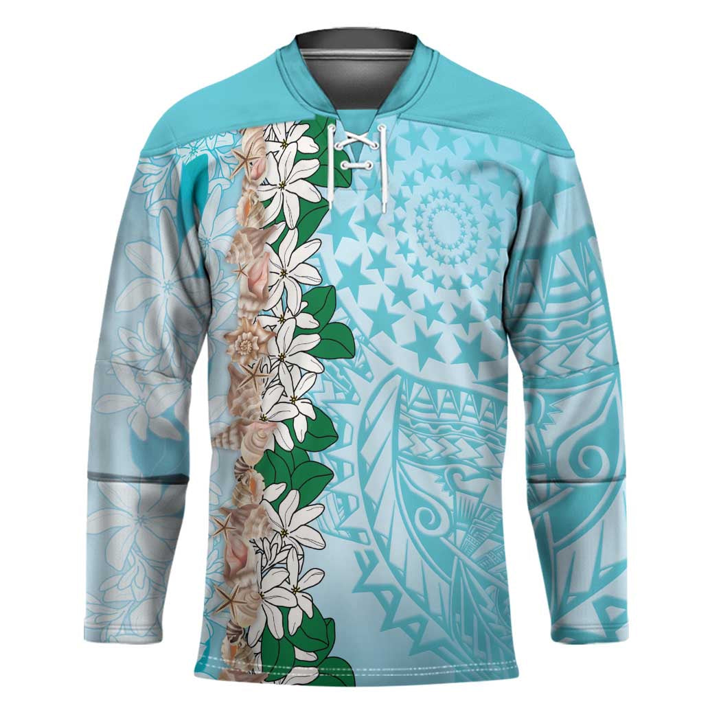 Cook Islands Tiare Maori With Conch Shell Hockey Jersey Pasifika Fest Polynesian Tattoo Turquoise