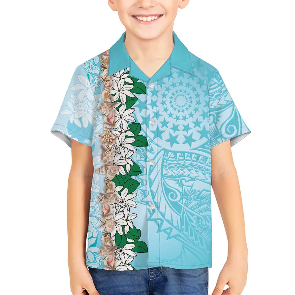 Cook Islands Tiare Maori With Conch Shell Kid Hawaiian Shirt Pasifika Fest Polynesian Tattoo Turquoise