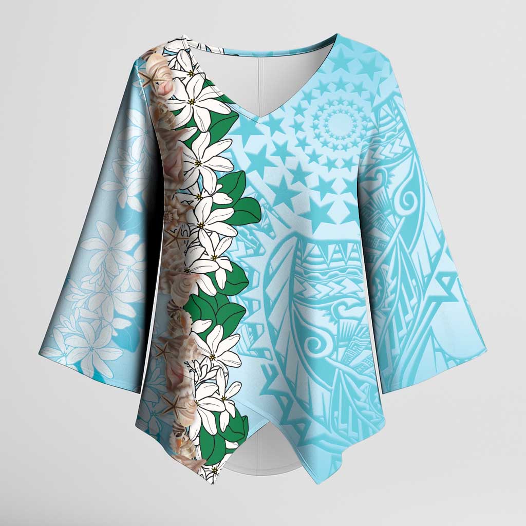 Cook Islands Tiare Maori With Conch Shell Kimono Sleeve Blouse Pasifika Fest Polynesian Tattoo Turquoise
