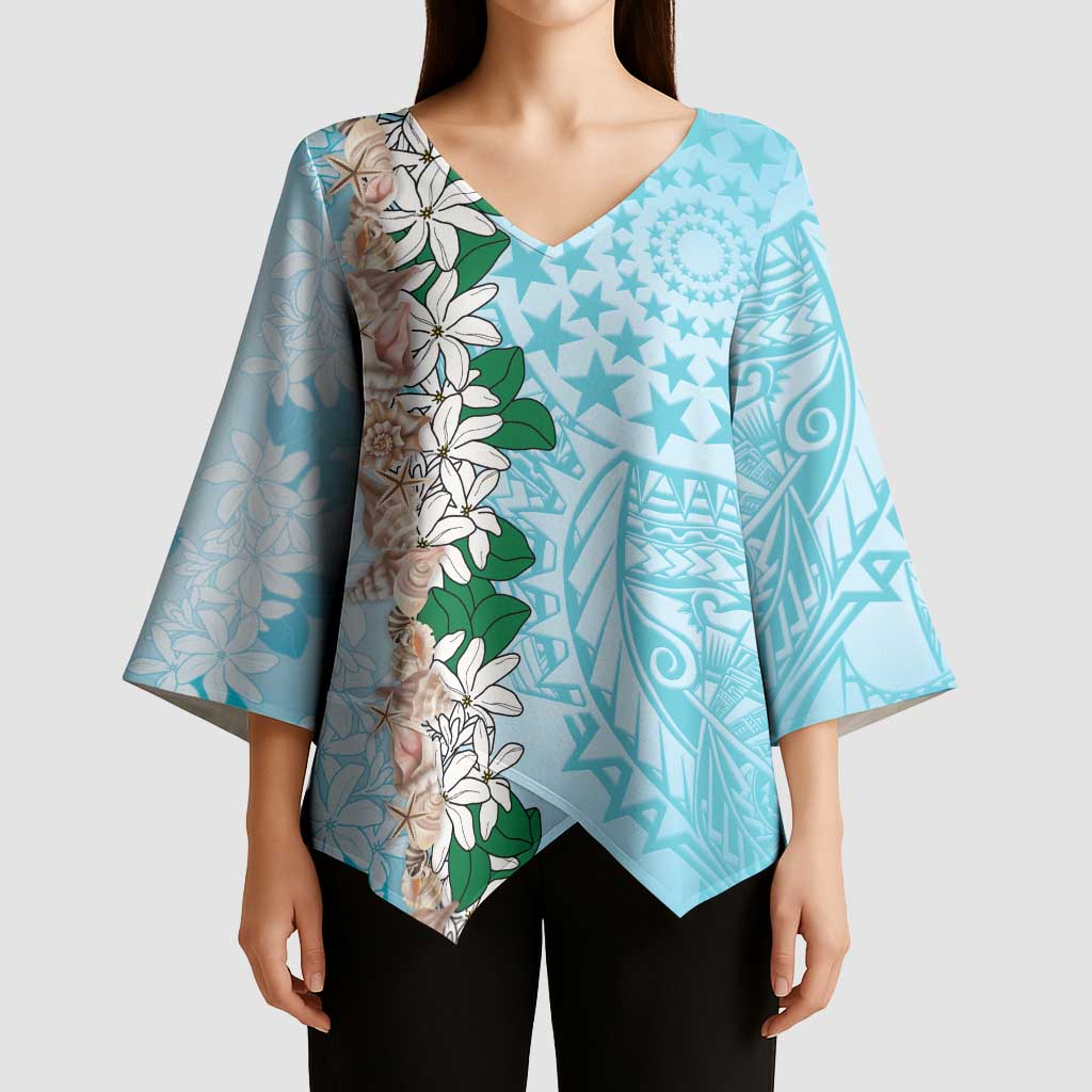 Cook Islands Tiare Maori With Conch Shell Kimono Sleeve Blouse Pasifika Fest Polynesian Tattoo Turquoise