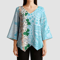 Cook Islands Tiare Maori With Conch Shell Kimono Sleeve Blouse Pasifika Fest Polynesian Tattoo Turquoise