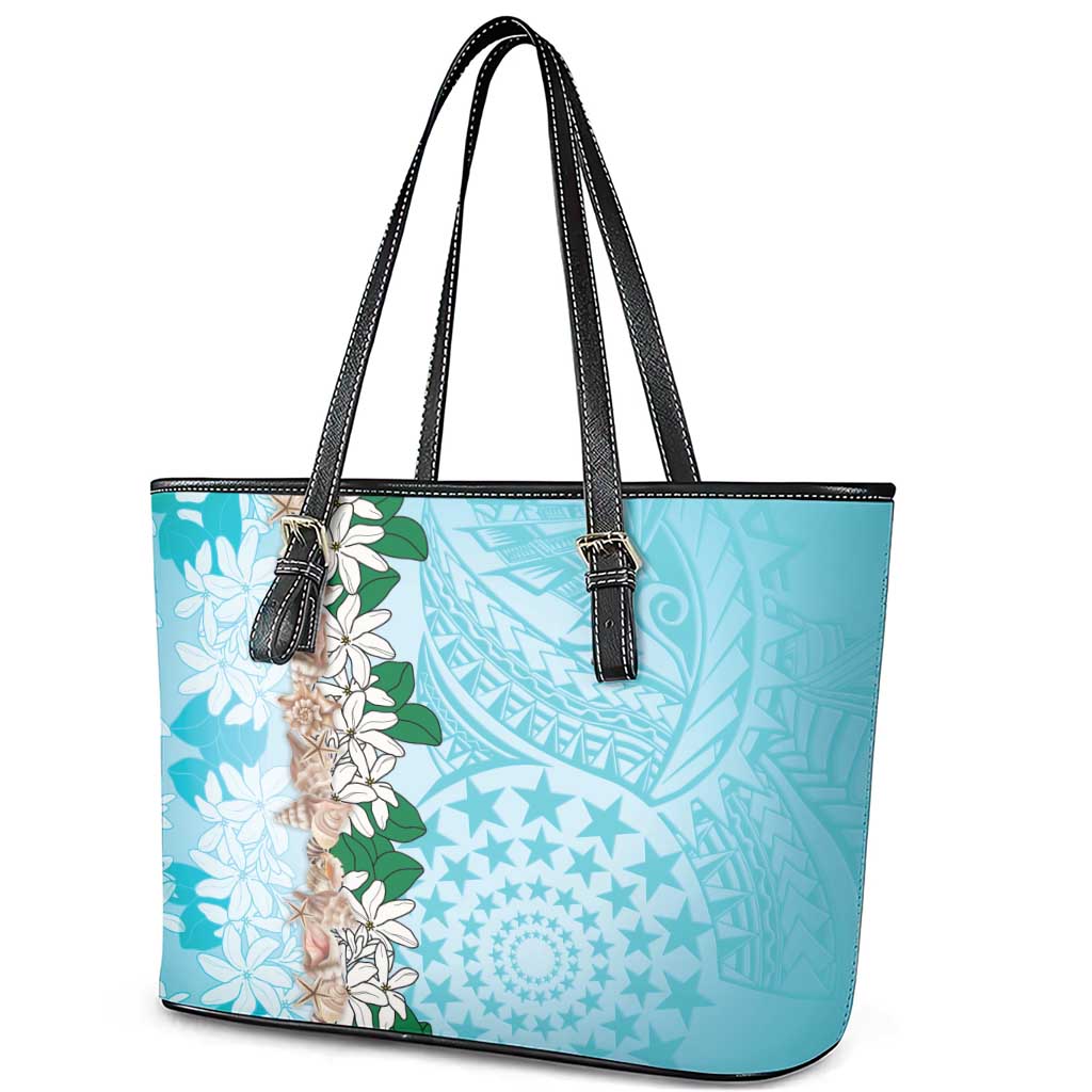 Cook Islands Tiare Maori With Conch Shell Leather Tote Bag Pasifika Fest Polynesian Tattoo Turquoise