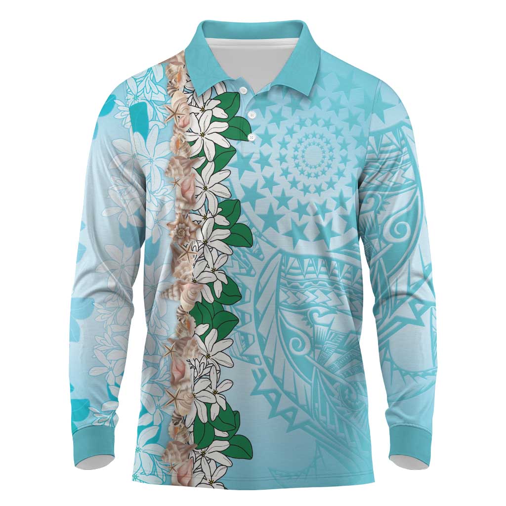 Cook Islands Tiare Maori With Conch Shell Long Sleeve Polo Shirt Pasifika Fest Polynesian Tattoo Turquoise LT14 Turquoise - Polynesian Pride