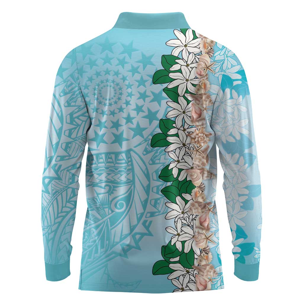 Cook Islands Tiare Maori With Conch Shell Long Sleeve Polo Shirt Pasifika Fest Polynesian Tattoo Turquoise LT14 - Polynesian Pride