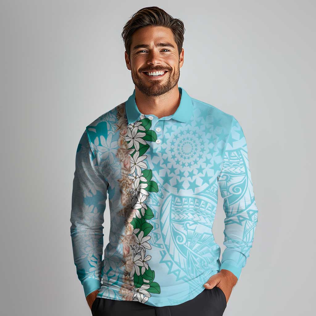 Cook Islands Tiare Maori With Conch Shell Long Sleeve Polo Shirt Pasifika Fest Polynesian Tattoo Turquoise LT14 - Polynesian Pride