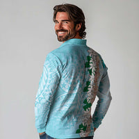 Cook Islands Tiare Maori With Conch Shell Long Sleeve Polo Shirt Pasifika Fest Polynesian Tattoo Turquoise LT14 - Polynesian Pride