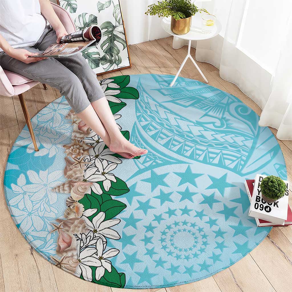 Cook Islands Tiare Maori With Conch Shell Round Carpet Pasifika Fest Polynesian Tattoo Turquoise LT14 - Polynesian Pride