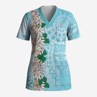Cook Islands Tiare Maori With Conch Shell Scrub Top Pasifika Fest Polynesian Tattoo Turquoise LT14 Adult Turquoise - Polynesian Pride