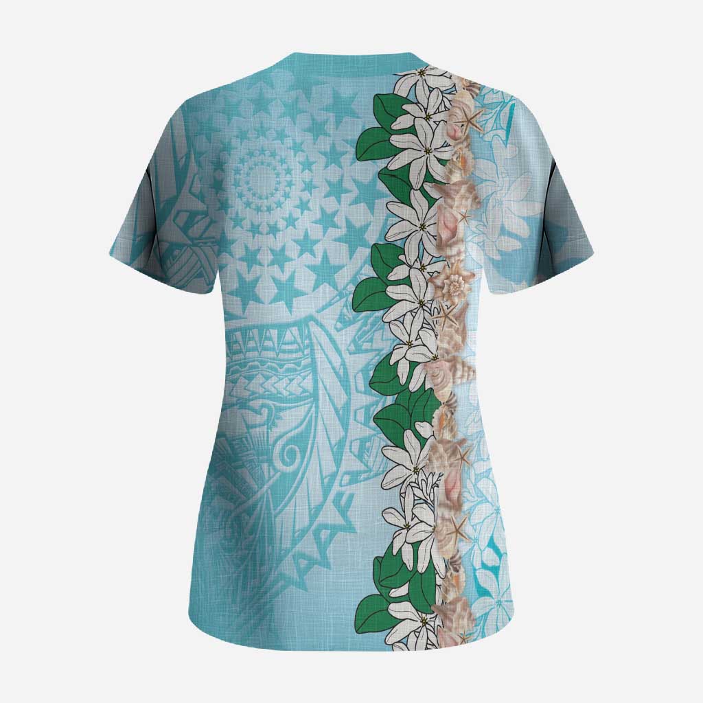 Cook Islands Tiare Maori With Conch Shell Scrub Top Pasifika Fest Polynesian Tattoo Turquoise LT14 - Polynesian Pride