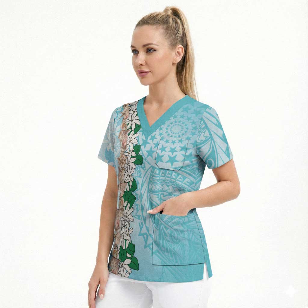Cook Islands Tiare Maori With Conch Shell Scrub Top Pasifika Fest Polynesian Tattoo Turquoise LT14 - Polynesian Pride