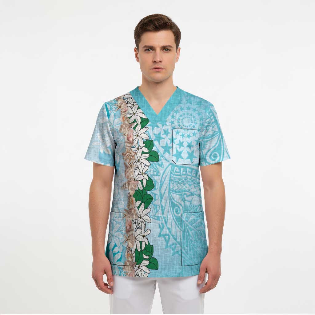 Cook Islands Tiare Maori With Conch Shell Scrub Top Pasifika Fest Polynesian Tattoo Turquoise LT14 - Polynesian Pride