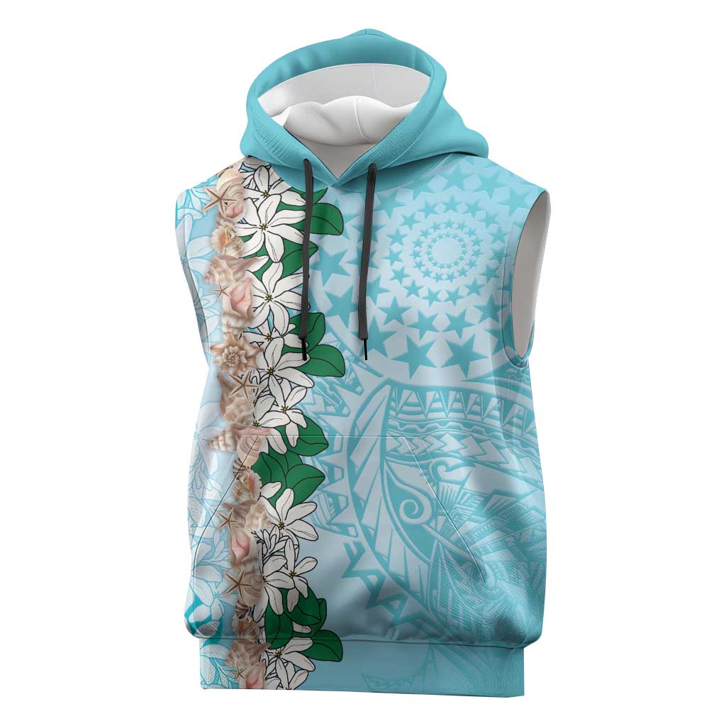 Cook Islands Tiare Maori With Conch Shell Sleeveless Hoodie Pasifika Fest Polynesian Tattoo Turquoise