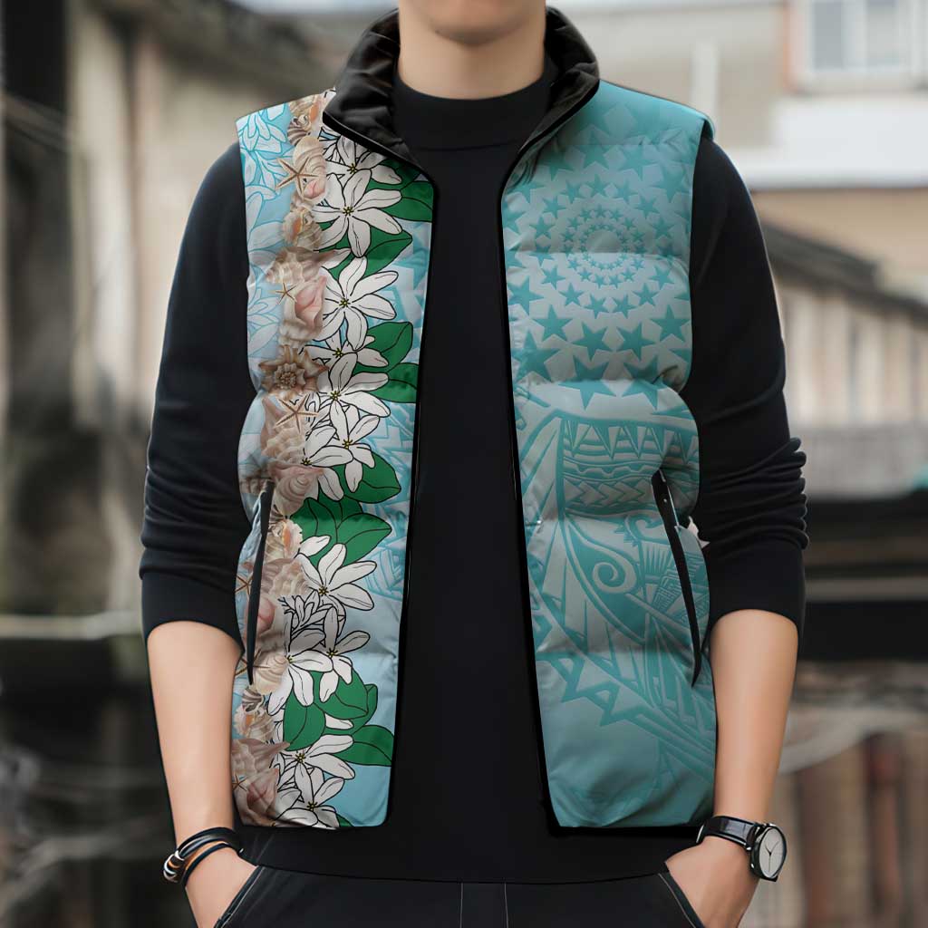 Cook Islands Tiare Maori With Conch Shell Sleeveless Puffer Jacket Pasifika Fest Polynesian Tattoo Turquoise