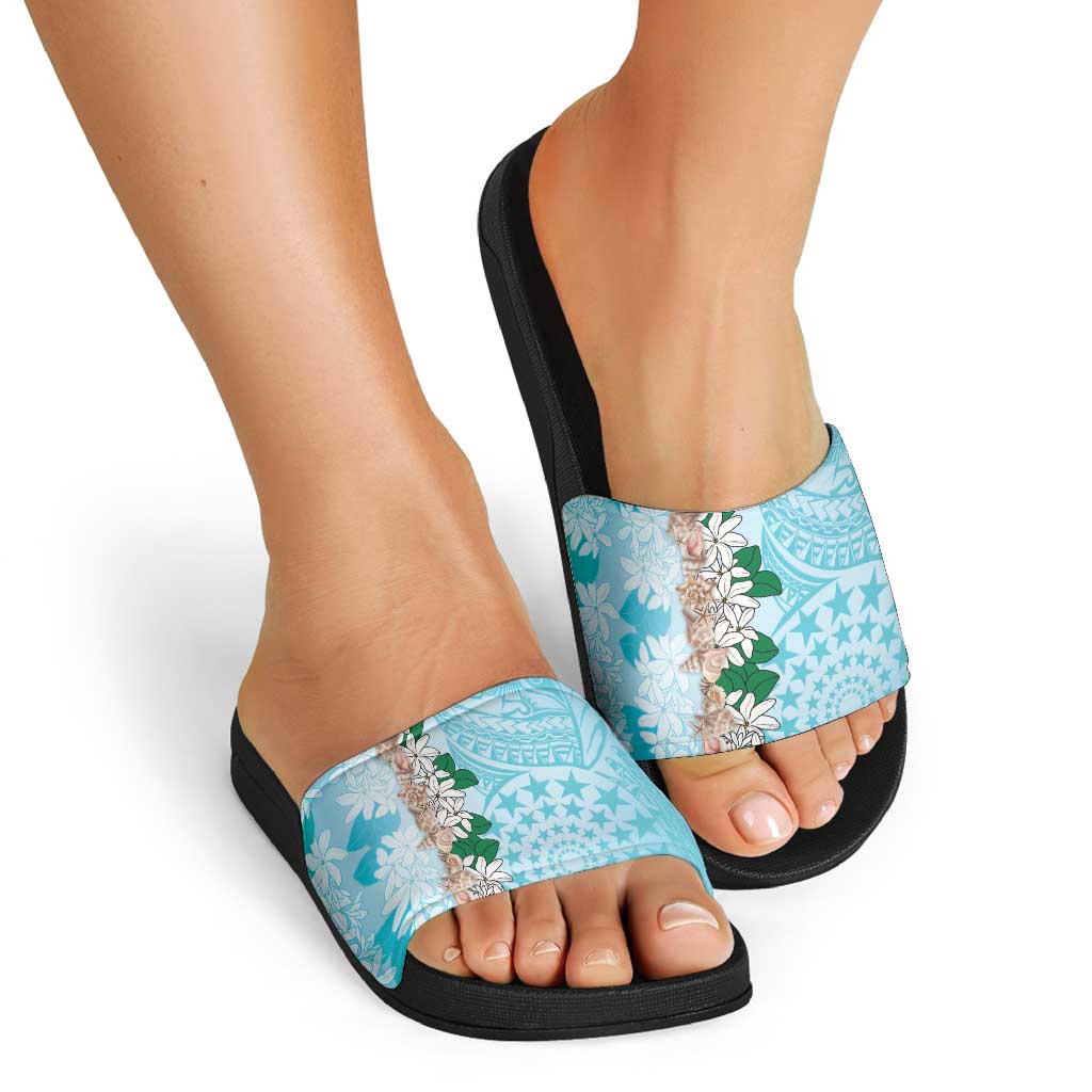 Cook Islands Tiare Maori With Conch Shell Slide Sandals Pasifika Fest Polynesian Tattoo Turquoise