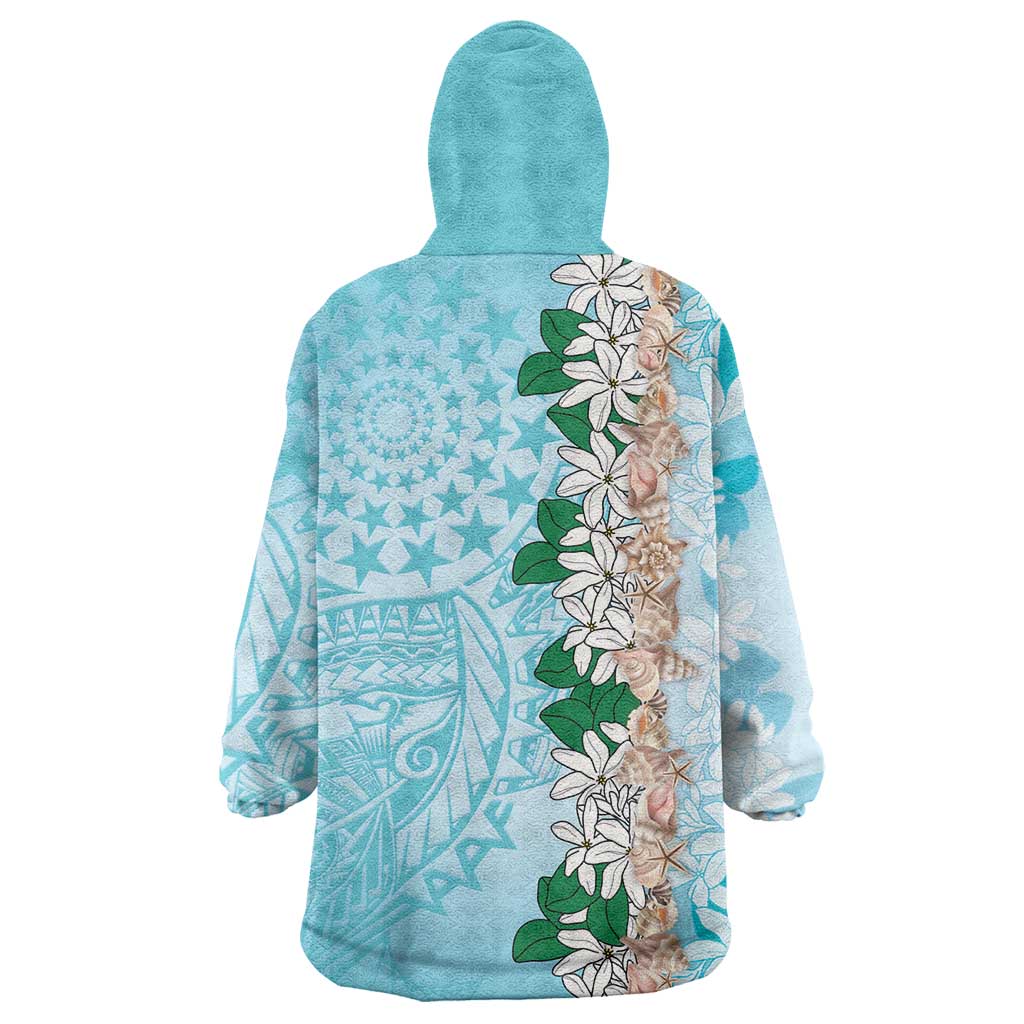 Cook Islands Tiare Maori With Conch Shell Wearable Blanket Hoodie Pasifika Fest Polynesian Tattoo Turquoise