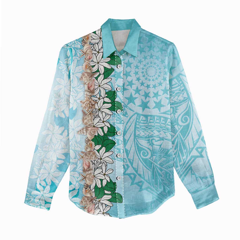 Cook Islands Tiare Maori With Conch Shell Women Casual Shirt Pasifika Fest Polynesian Tattoo Turquoise