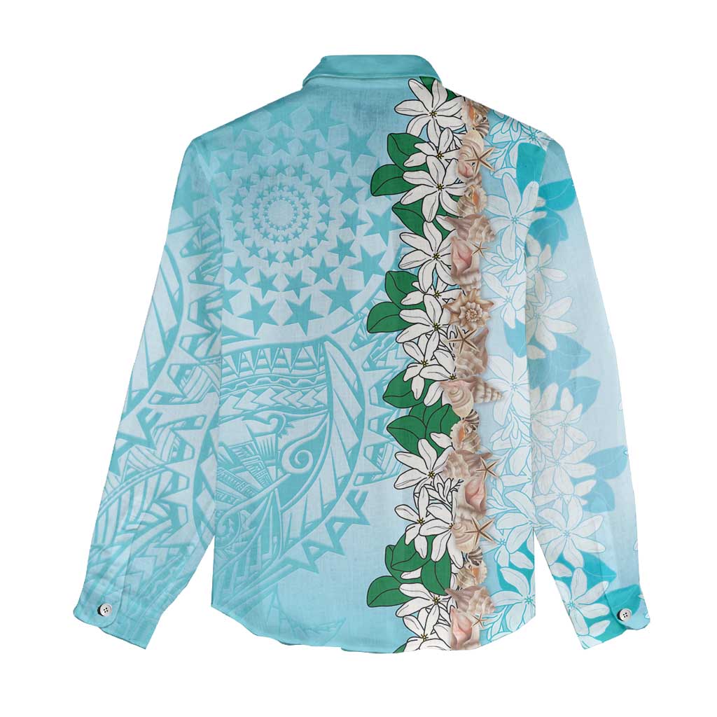 Cook Islands Tiare Maori With Conch Shell Women Casual Shirt Pasifika Fest Polynesian Tattoo Turquoise
