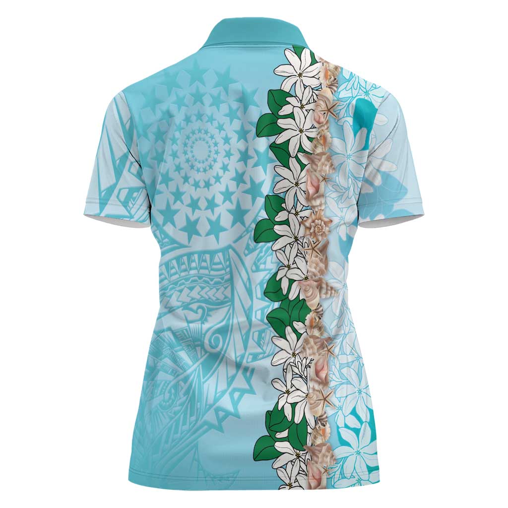 Cook Islands Tiare Maori With Conch Shell Women Polo Shirt Pasifika Fest Polynesian Tattoo Turquoise