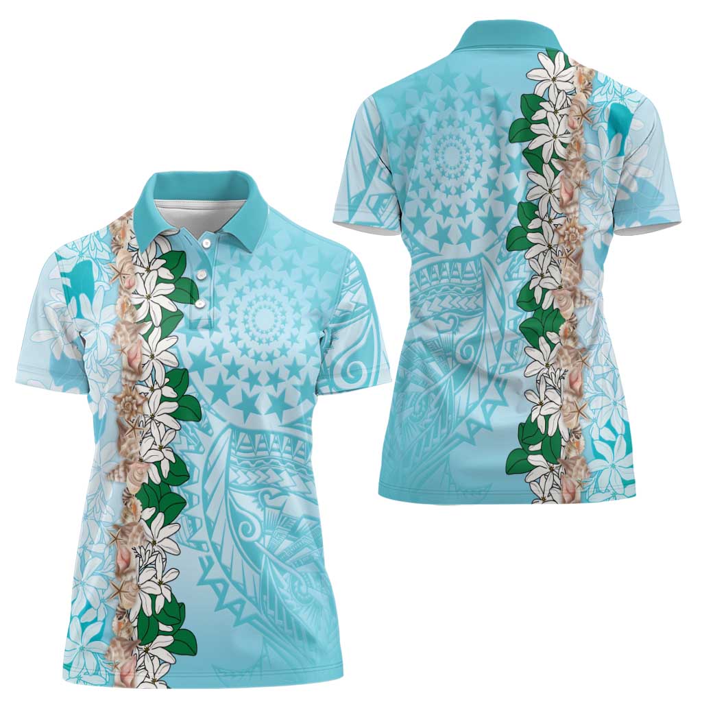 Cook Islands Tiare Maori With Conch Shell Women Polo Shirt Pasifika Fest Polynesian Tattoo Turquoise