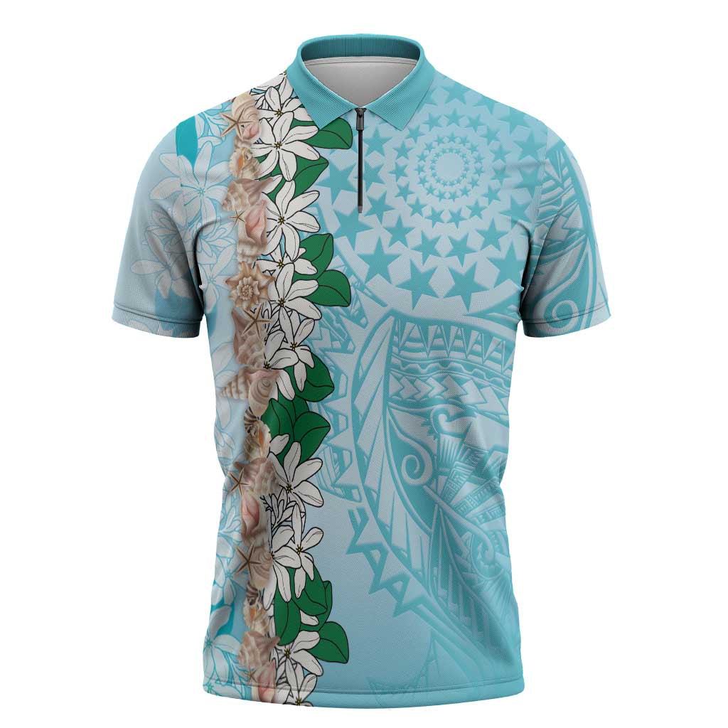 Cook Islands Tiare Maori With Conch Shell Zipper Polo Shirt Pasifika Fest Polynesian Tattoo Turquoise LT14 Turquoise - Polynesian Pride