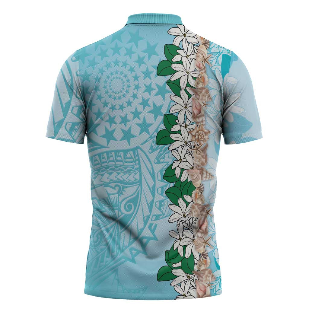 Cook Islands Tiare Maori With Conch Shell Zipper Polo Shirt Pasifika Fest Polynesian Tattoo Turquoise LT14 - Polynesian Pride