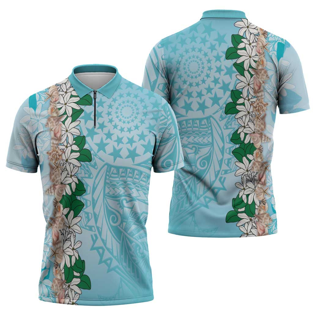 Cook Islands Tiare Maori With Conch Shell Zipper Polo Shirt Pasifika Fest Polynesian Tattoo Turquoise LT14 - Polynesian Pride