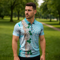 Cook Islands Tiare Maori With Conch Shell Zipper Polo Shirt Pasifika Fest Polynesian Tattoo Turquoise LT14 - Polynesian Pride